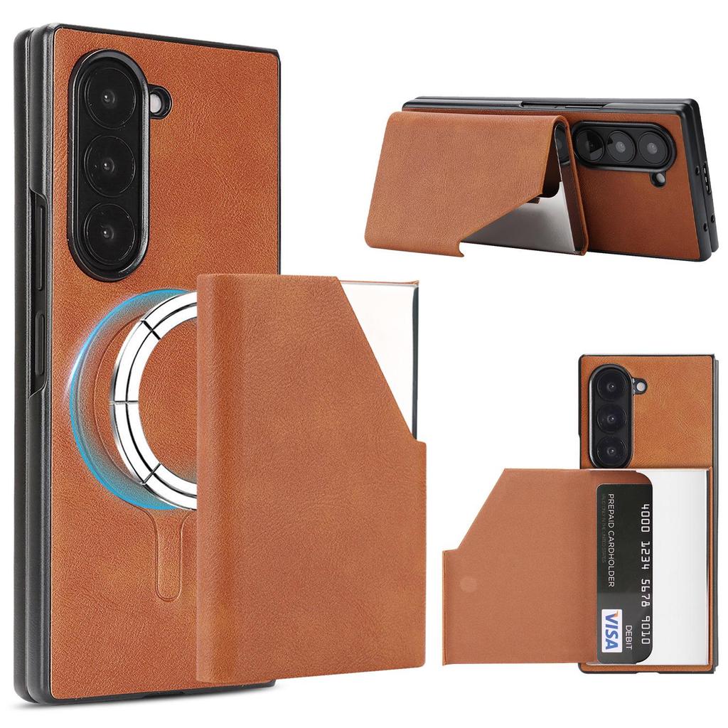 D6 Alloy Card Holder with Retro Frosted Faux Leather Case, Compatible with Samsung Galaxy Z Fold7, Magnetic Two-in-One Design
