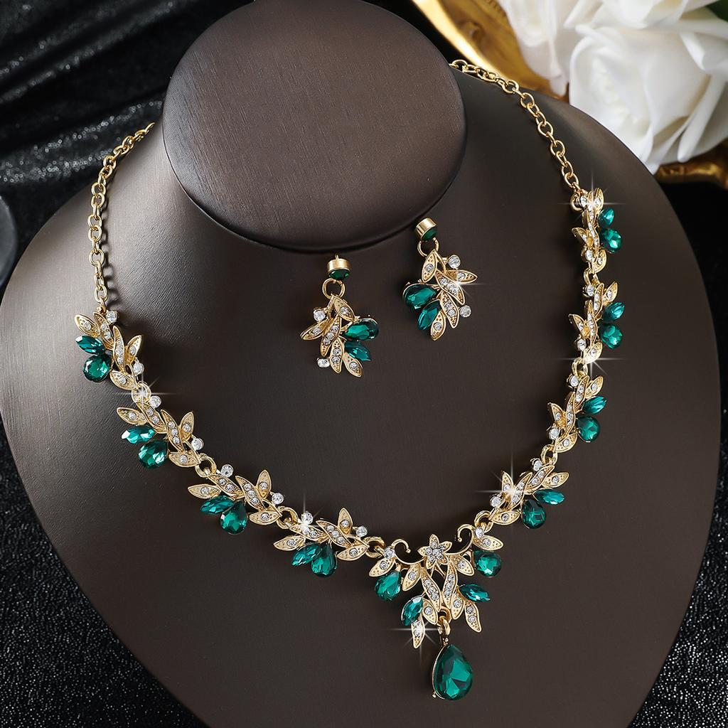 3PC Wedding Season Women's Fashion Trend Sparkling Leaf Water Drop Necklace Earrings Zircon Set Banquet Party Holiday Gift