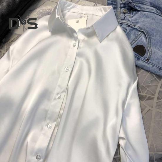 Damen-Hemd mit Revers, langärmelig, Pendler-Freizeithemd, einfarbig, lockere Passform, glattes Satin, Bürohemd für den Alltag