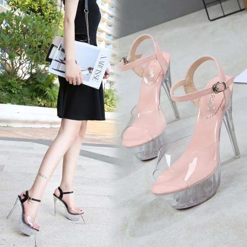 Sandals Woman Summer 2025 Platform Buckle Strap PVC Transparent 14CM Thin Heels Mature Party Prom Zapatos Mujer