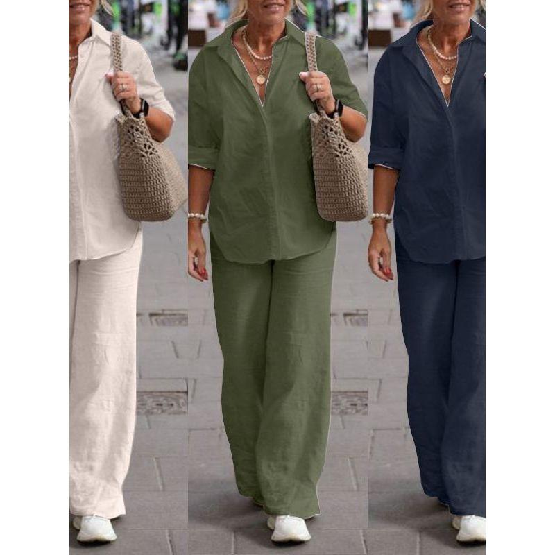 Lapel Long sleeve Shirts Spring and Autumn Leisure Solid Color Pants Wide Leg Suit Casual Top and Pants Set