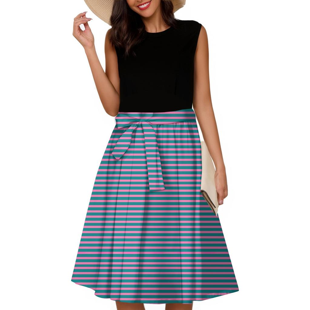 Women's Fashion Striped Printed Casual Lace-up Sleeveless Round Neck Splicing Short Dress