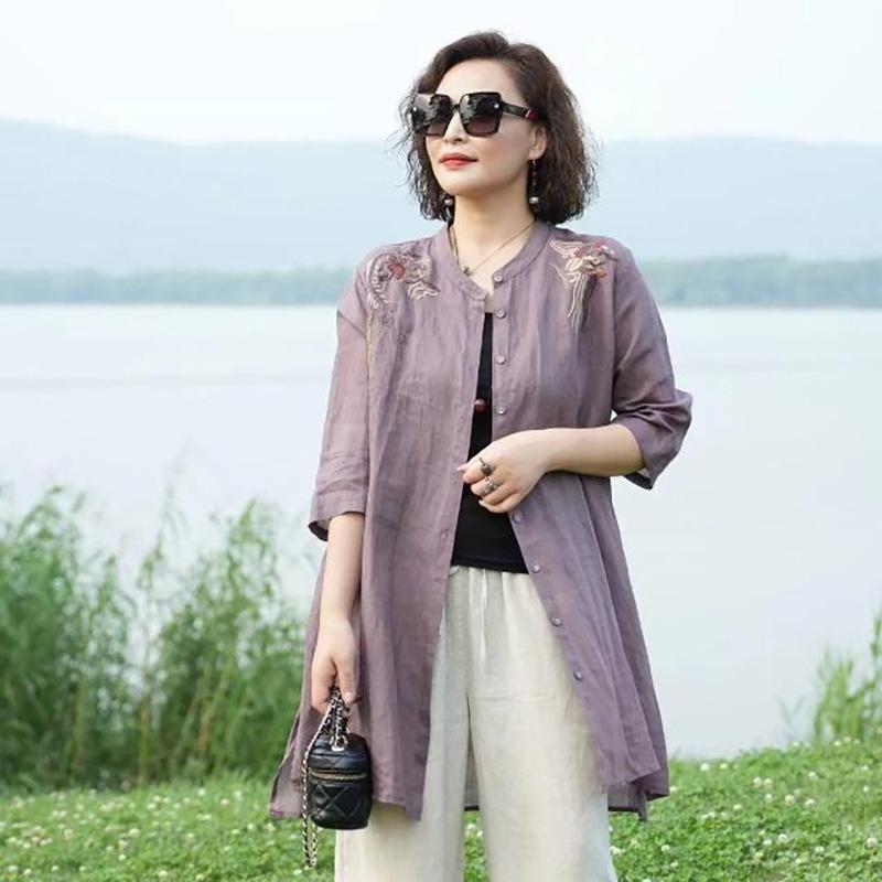 Literary and retro embroidery medium and long shirt women's clothing thin cotton and linen cardigan spring and summer new versatile loose