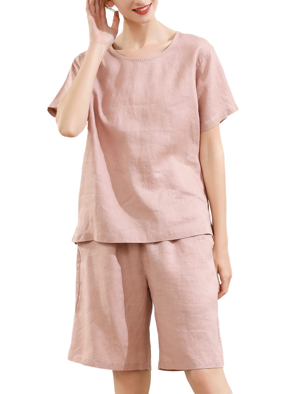 

RAKUYUME Премиальный лен с коротким рукавом и шортами Идеально для летних прогулок Женская пижама, 100% лен, Комплект футболка и шорты, Домашняя одежда, Стильный, розовый