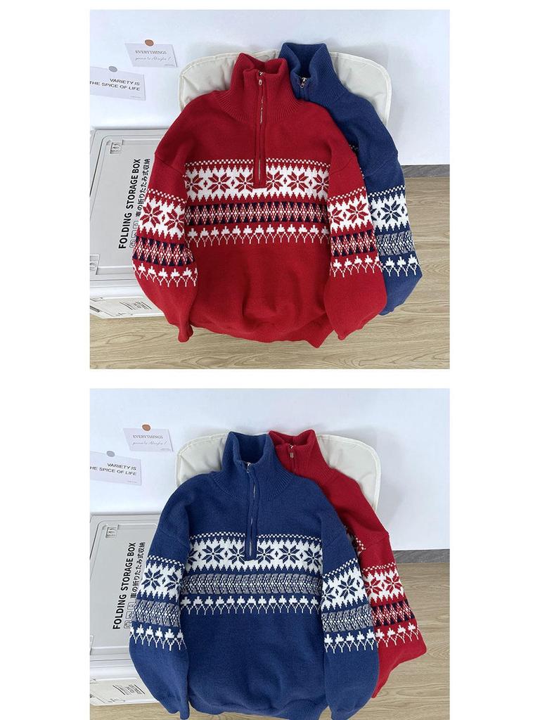 Men's Retro High Neck Knit Sweater - Warm, Loose, Half-Zip for Autumn & Winter