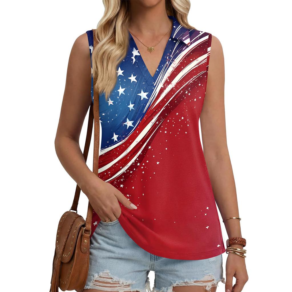 Womens Sleeveless Button Down V Neck Collared Top with Printed Pattern Casual Loose Fit Comfortable Tank Blouse for Summer