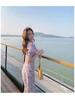 2025 French Retro Puff Sleeve Floral Chiffon Dress in Light Purple for Spring, Summer, and Autumn