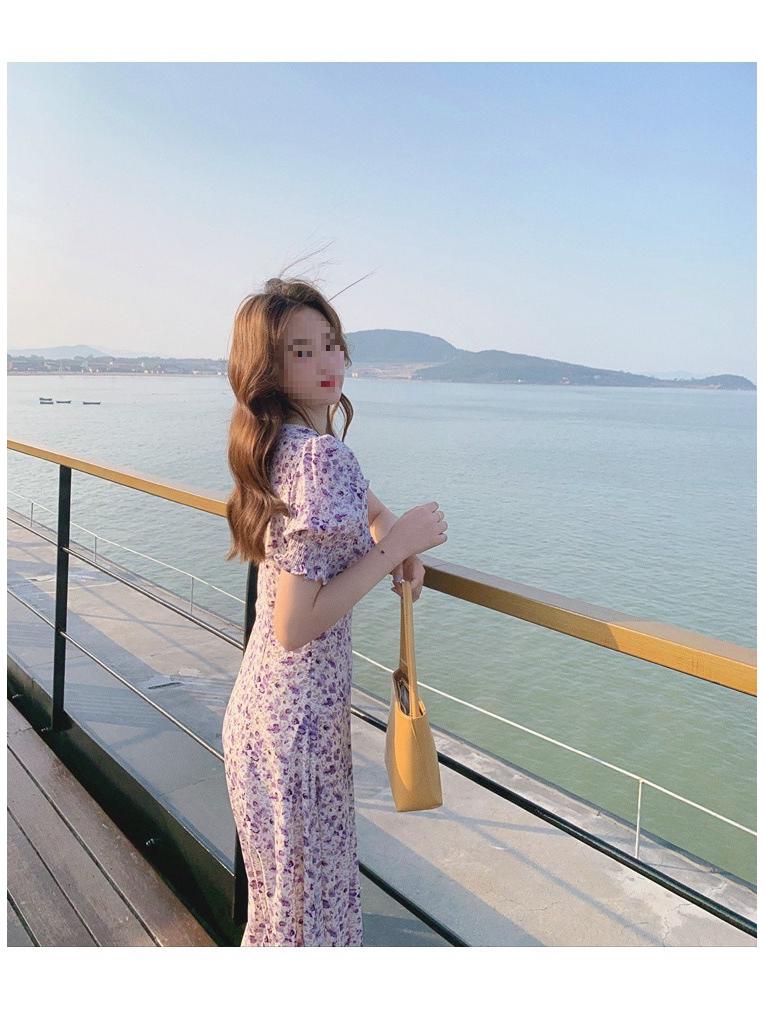 2025 French Retro Puff Sleeve Floral Chiffon Dress in Light Purple for Spring, Summer, and Autumn