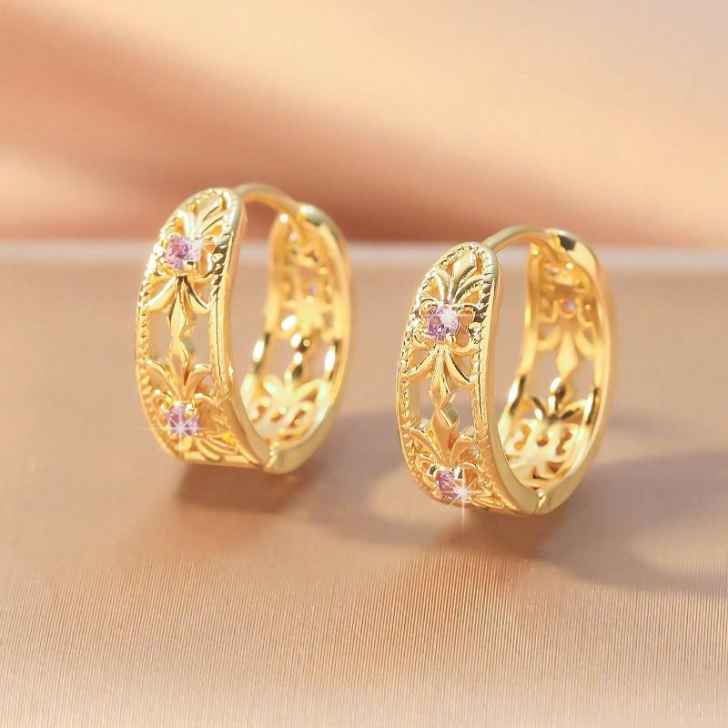 Hihho 1 Pair Vintage Style Hollow Geometric Round Brass Plated Zirconia Earrings With Purple Stones, Fashion Jewelry Gift For Women