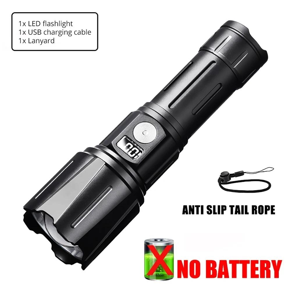 Powerful 60W LED Flashlight USB Rechargeable Tactical 26650 Torch with Power Display Super Bright Long Range Camping Lantern