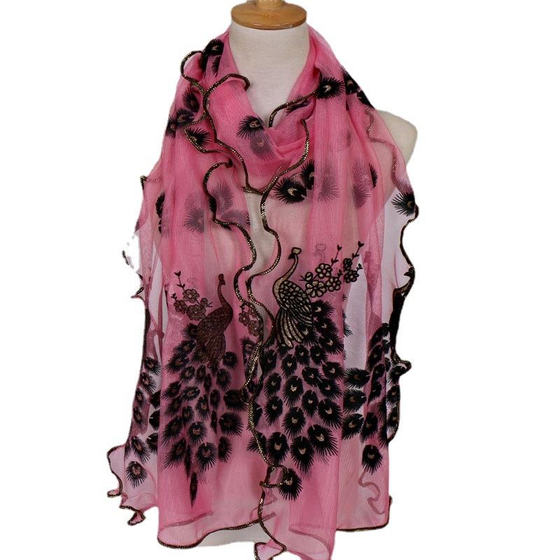 Peacock Plush Breathable Long Scarf with Gold Foil and Lace Edging for Women