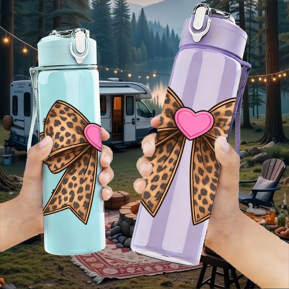 1PC Leopard Bow Pink Heart 750ml Color Plastic Sports Water Bottle Leakproof Flip Straw Lid Suitable for Sports Office Home Use