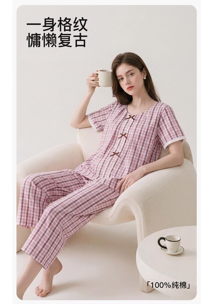 Fenteng [100% cotton] comfortable round neck countryside style patterned lace short sleeved home suit set for women's sleepwear