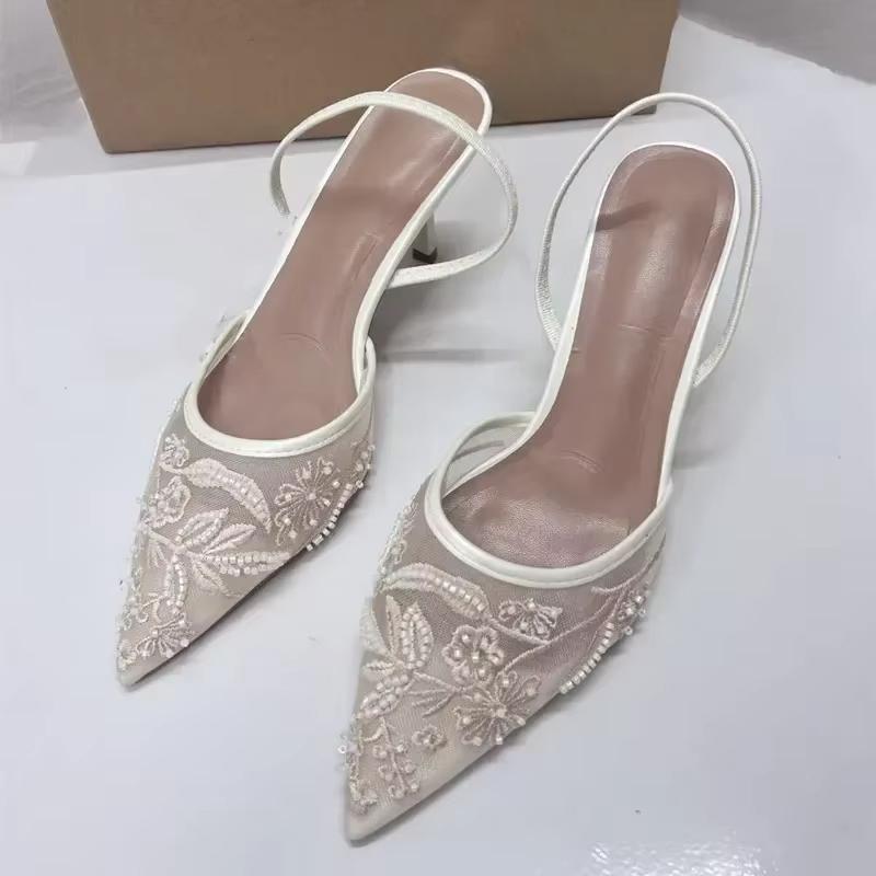 Fashion 2025 New Black Woman Embroidered Mesh Open Heel Shoes Fashion Print Stiletto Women High-heel Pumps Sexy Pointed End Sandals