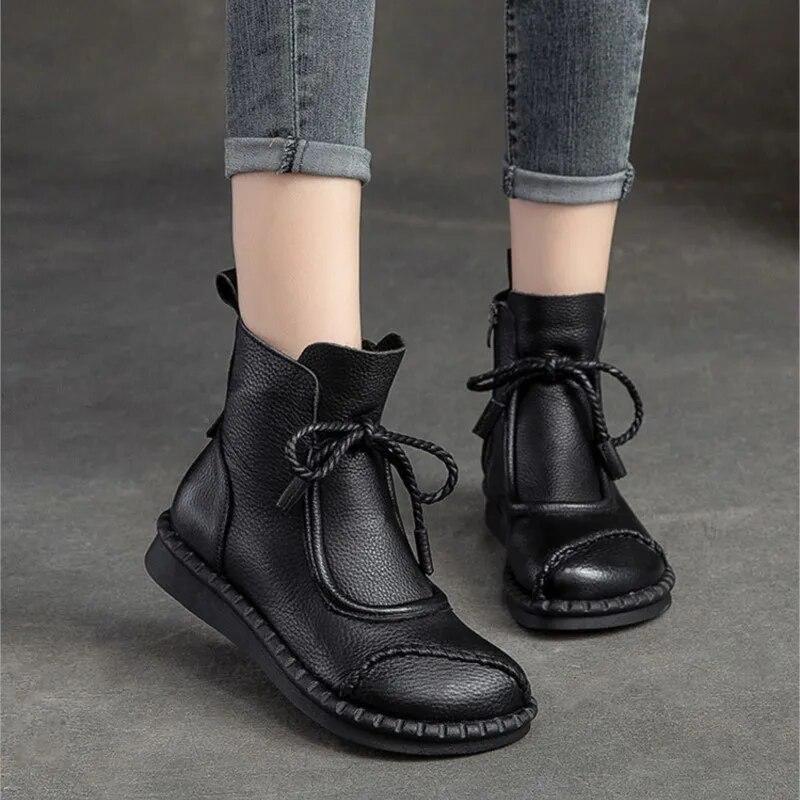 Johnature Flat Bottom Plush Warm Cotton Boots Solid Color Retro Genuine Leather Women's Short Boots
