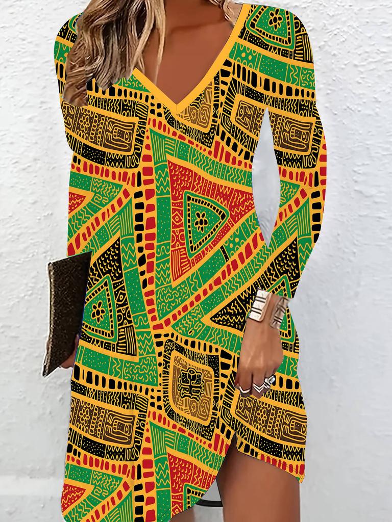 3D Vintage Pattern Printed Long Sleeves Dress Exclusive Trendy Item for Women In Autumn & Winter