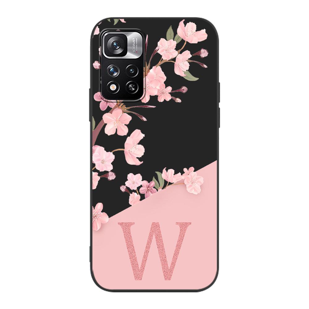Case for Xiaomi Redmi Note 9S 9 8 10 11 Pro 9C 9A 7 8T 7A 8A 10S 11T 11E 9T Black TPU Phone Cover Cherry Blossom Pink Letter