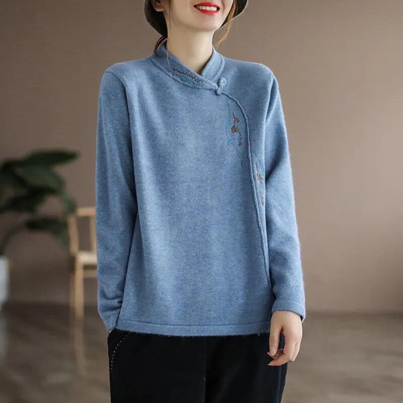 Ženy Vintage čínský etnický styl výšivka Elegantní tlusté tričko Podzim Zima Móda Stojánek Pulovr s dlouhým rukávem