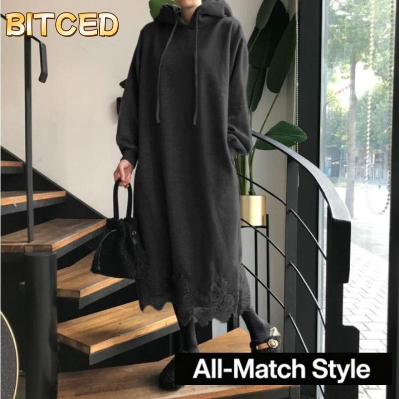 BITCED Kadın Moda Günlük Düz Renk Baskılı Sonbahar Kış Uzun Kollu Kapüşonlu Elbise