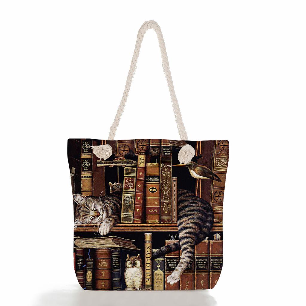 Cute Cat Print Thick Rope Single-shoulder Beach Bag 7211
