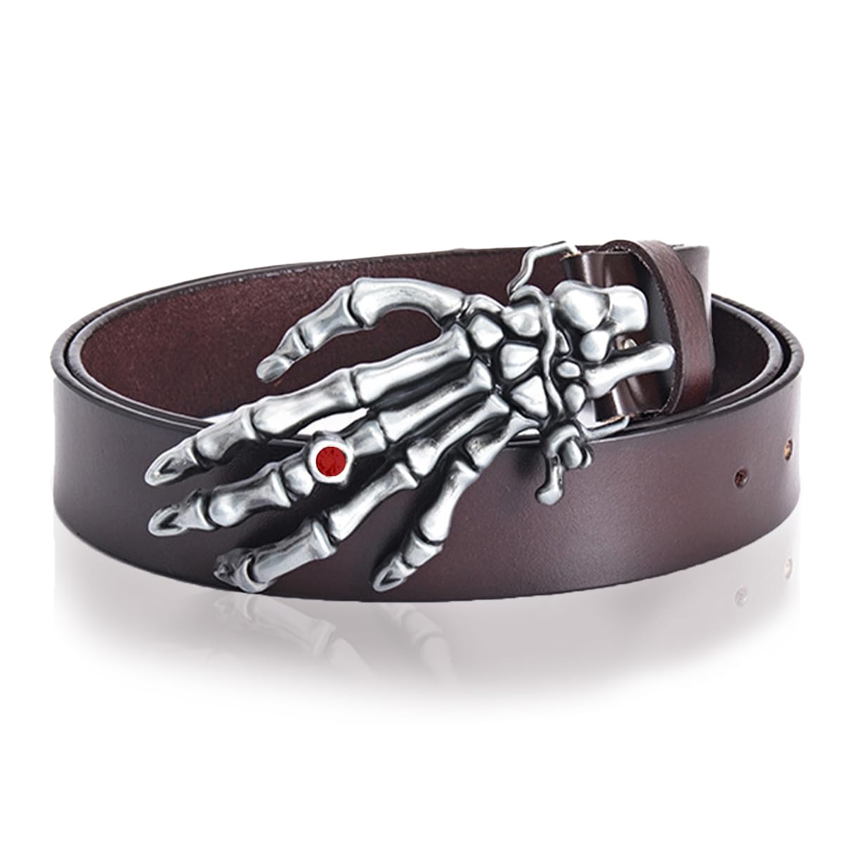 [Laquest] Large Skull Hand Buckle Leather Belt for Men - Skull Metal Buckle, Punk Rock Biker Style (2. Brown)