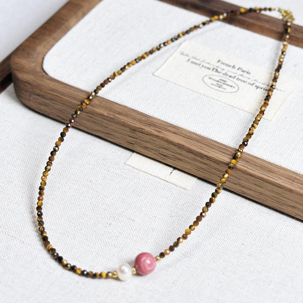 Maillard Style Natural Stone & Pearl Beaded Necklace - Tiger Eye & Pink Rose Choker