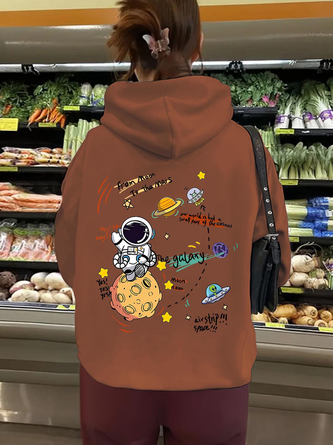 

Женская европейская и американская космическая принтовая толстовка с капюшоном из бархата с карманом-кенгуру S кофейный