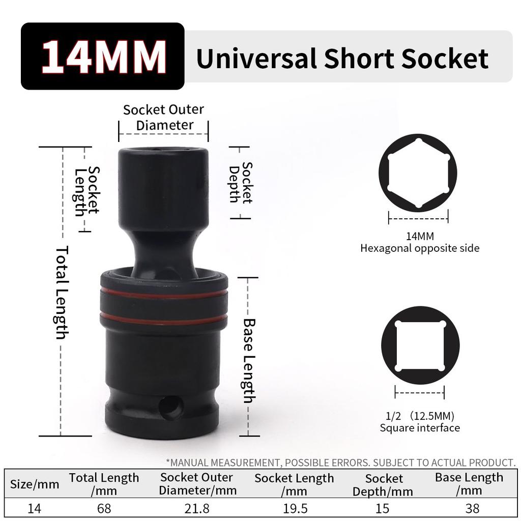 1/2inch Drive 10-24mm Universal Joint Hex Short Socket Electric Wrench Adapter 360°Swivel Impact Socket For Pneumatic Wrench