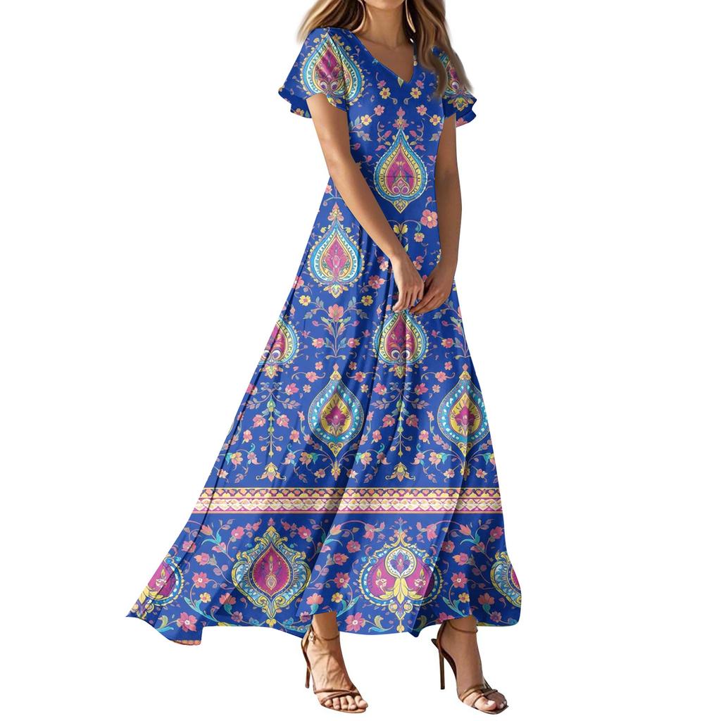 Vestidos casuales de verano para mujer, con estampados de colores y cuello en V y manga corta