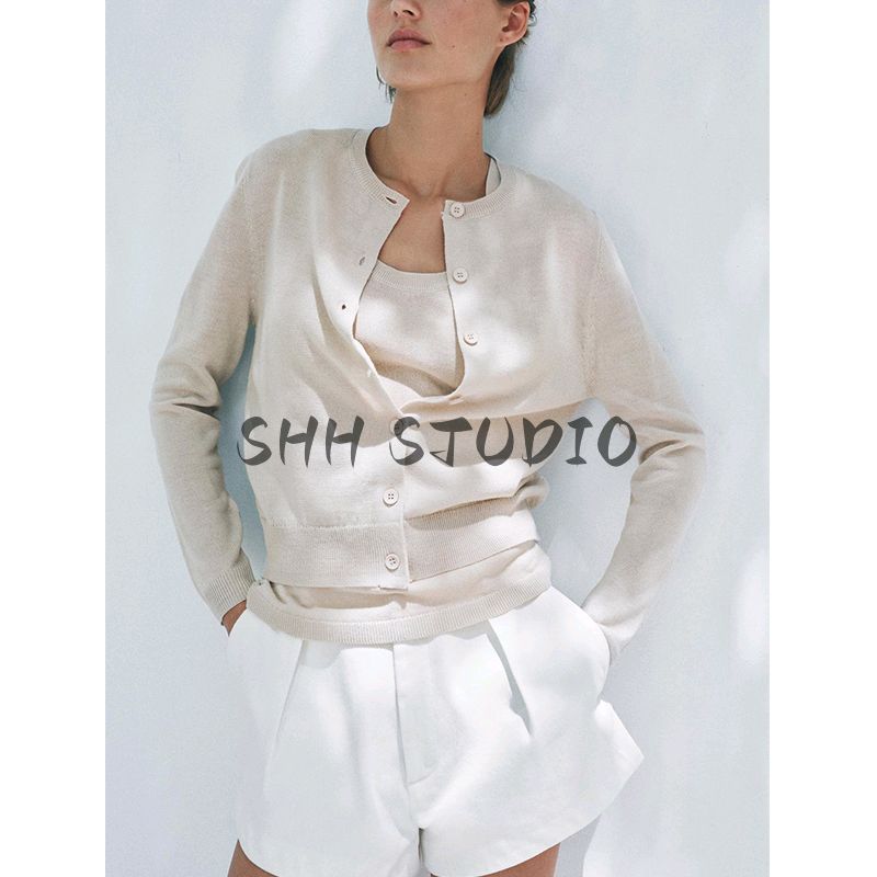 Spring New Women clothes French style Single Row Multi-Button Fleece Blended round Neck Long sleeve Plain Stitch Outerwear 2142062