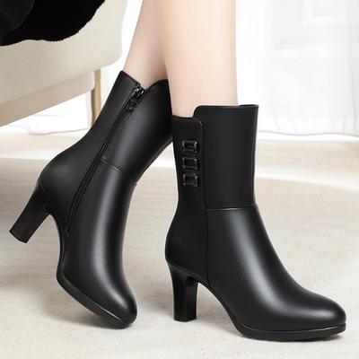 7.5cm Spring and Autumn New Middle-aged Ladies Boots Joker Winter Women Plus Velvet Cotton Boots