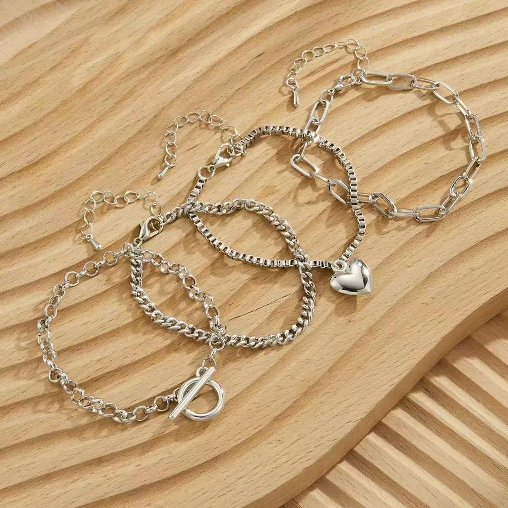 4 pcs Stackable Silvery Bracelet Set, Multi - chainCombination with Heart Pendant & Toggle Clasp, Gift forFriends, Anniversary .