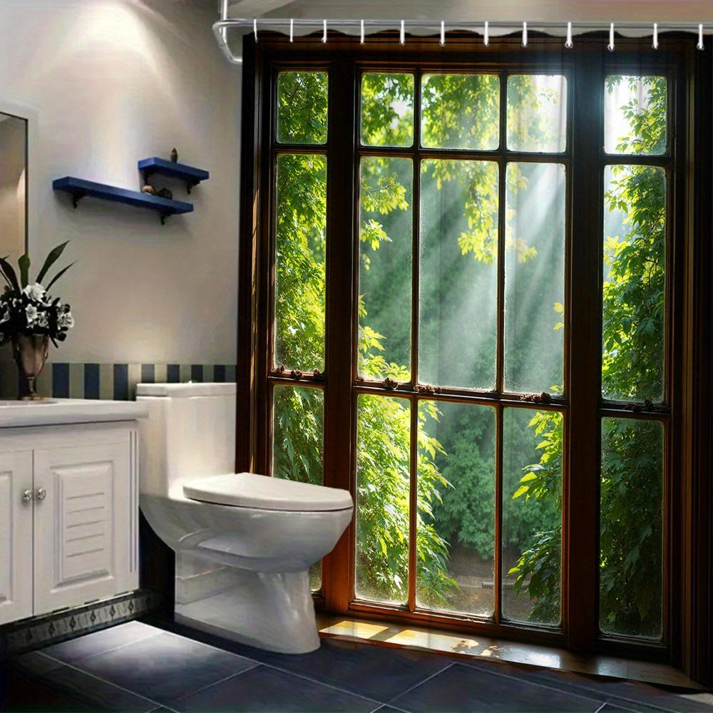 Dunika Chen Window View Shower Curtain Forest Greenery Sunlight Beam Nature Scene Waterproof Fabric Peaceful Bathroom Decor