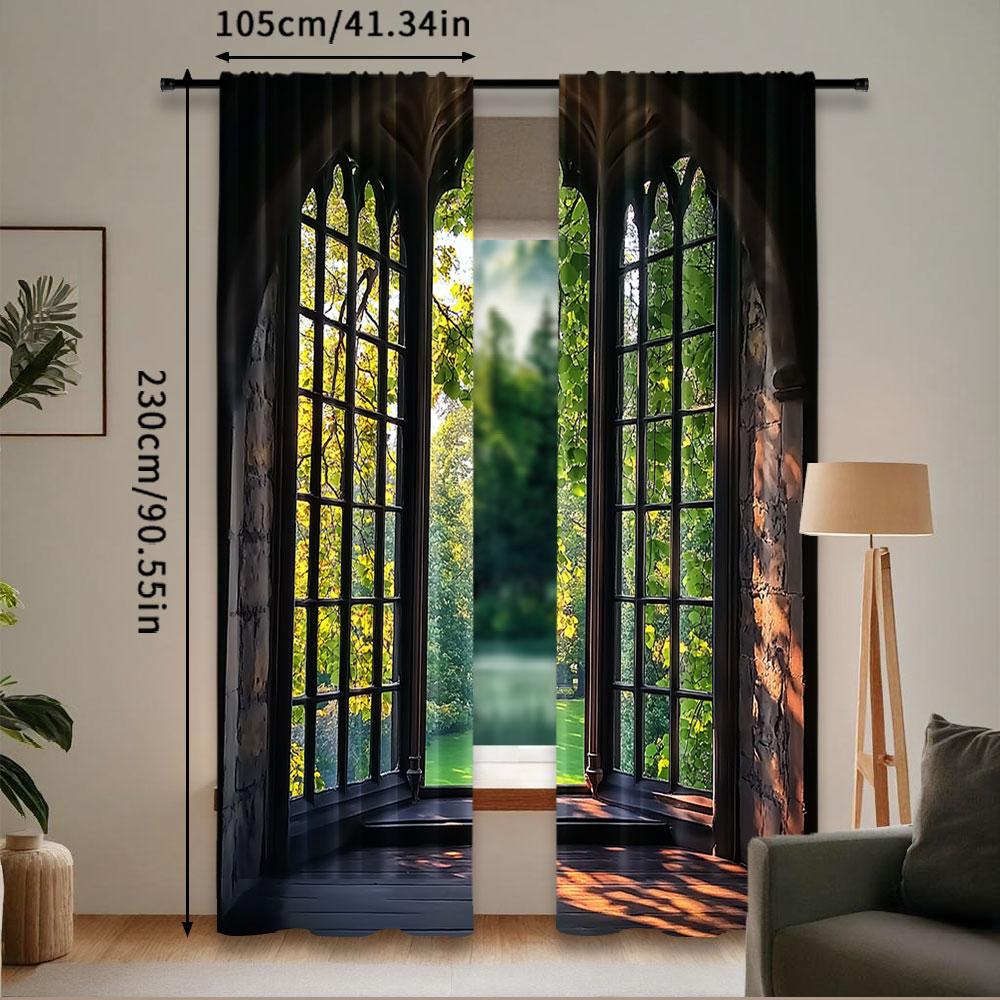 2Pcs French Window Landscape Glass Curtains Natural Green Scenery Outside The Window For Bedroom Bathroom Living Room Dining