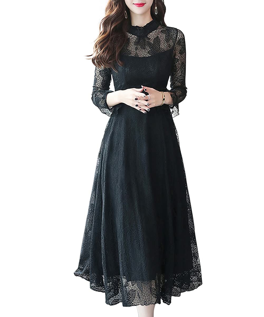 

Sueeya Lace Long Ruffle Dress with Long Flared and and Perfect for and Women s Sleeves, Design, All-Over Print. Cute, High-Waisted, Slimming, Stylish, чёрный