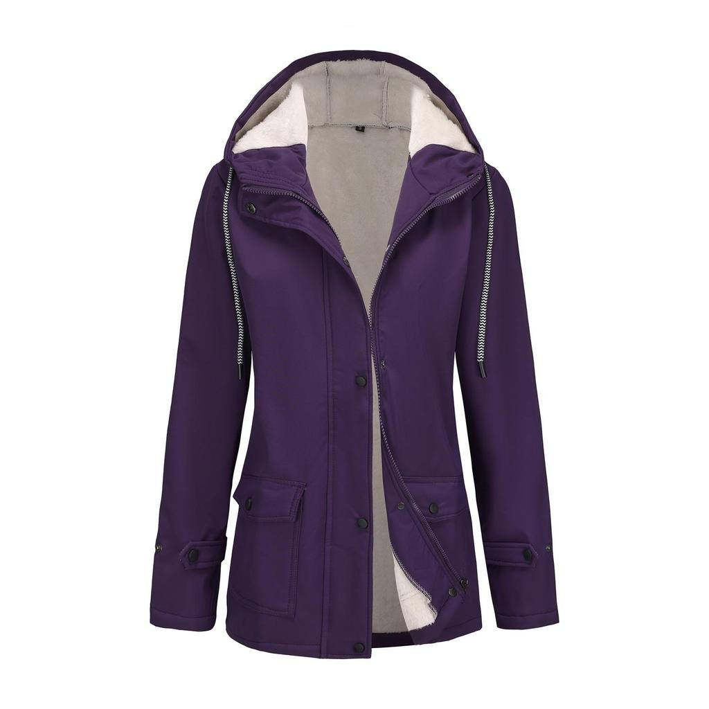 Women’s Trenches Hooded Windbreakers Long Sleeves Fleece Coats Water-resistant Zipper Jackets Autumn Winter Outer Wear