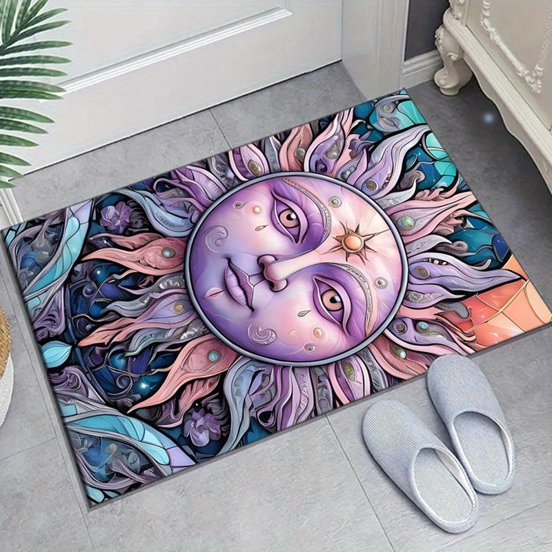 Mysterious Sun Design Area Rug, Crystal Velvet Polyester Carpet for Living Room, Bedroom, Non-Slip Home Decor Floor Mat