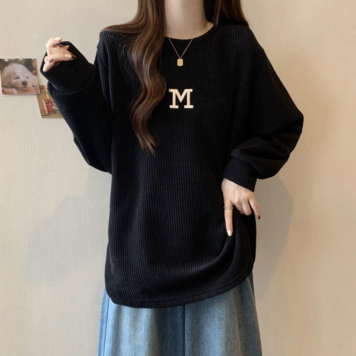 

Plus Size Slimming Ribbed Mid-Length Shirt - Women s Versatile Warm Long Sleeve Top for Autumn/Winter Small чёрный