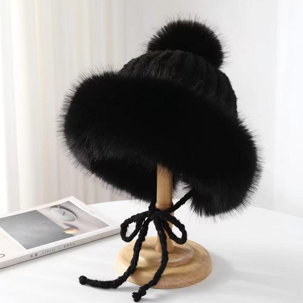 Fox Fur Ear Protection Lei Feng Hat for Women, Cute Pom-Pom Cold-Proof Riding Hat, Korean Style Warm Fleece-Lined Knitted Beanie
