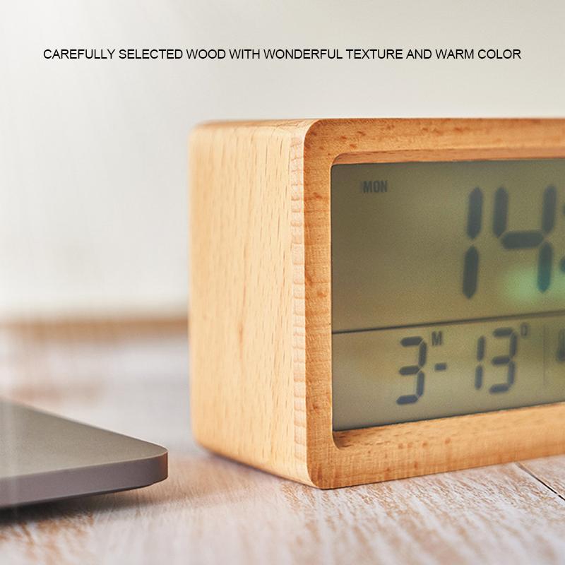 Wooden Digital Table Clock with Backlight Temperature Humidity Date Week Display Snooze Mode Electric Alarm Clock Home Decor