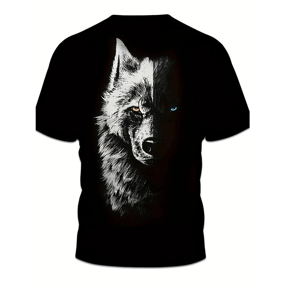 Pánské tričko s 3D potiskem vlčí smečky v horské noční scéně - Živá grafika vyjících vlků a úplňku, ležérní tričko s krátkým rukávem a kulatým výstřihem