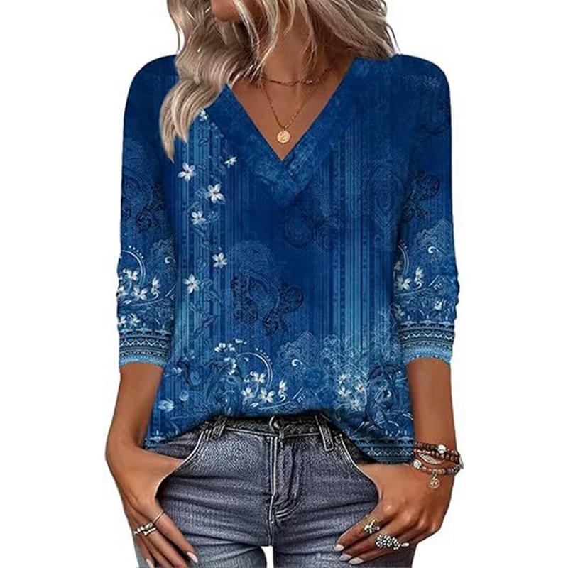 

Женский топ с V-образным вырезом, с цветочным принтом, с длинными рукавами, повседневная толстовка L