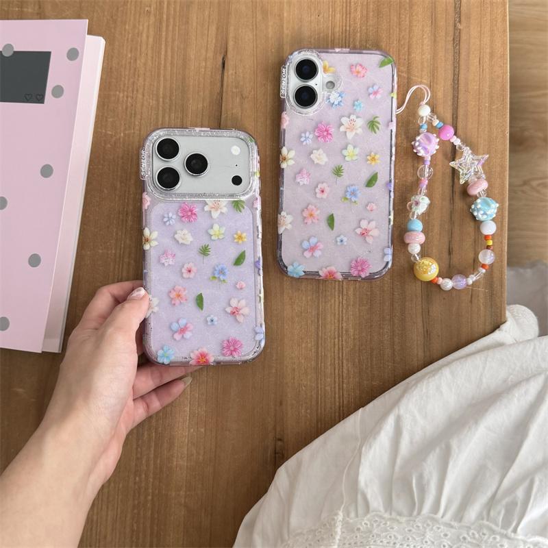 Cute Kawaii Purple Glitter Floral Phone Case For iPhone 17 16 15 14 Pro Max Pastel Flower Print Protective Cover for Girls