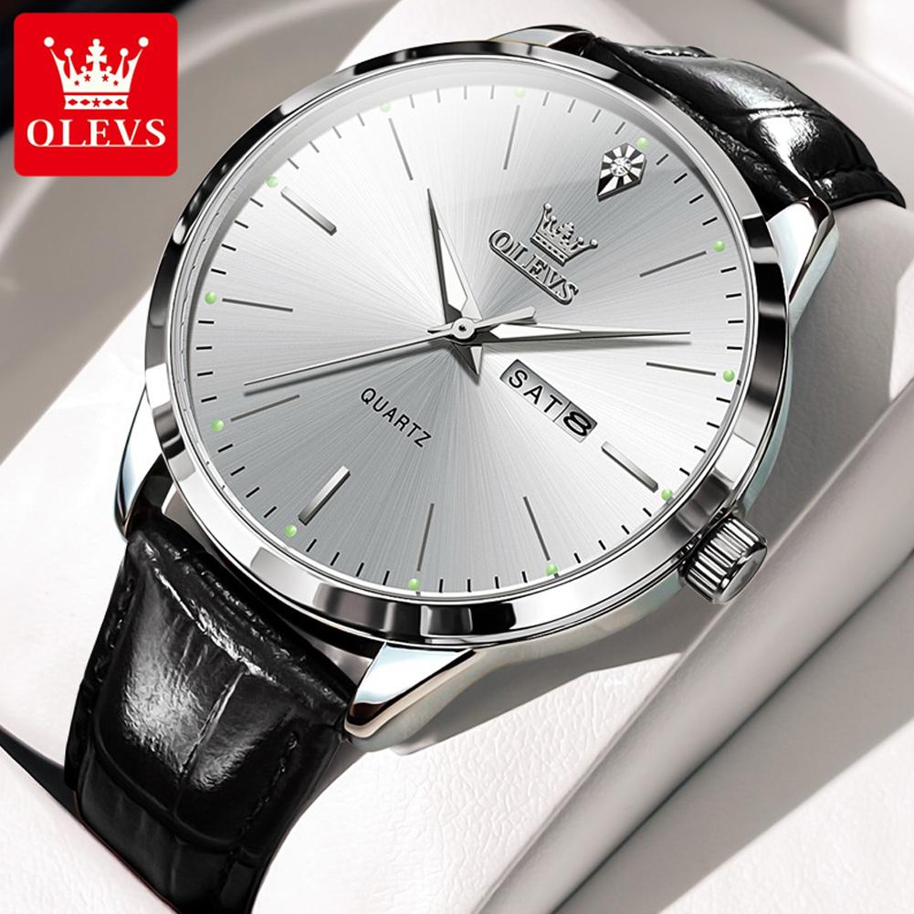 OLEVS Top Original Quartz Watches for Men Simplicity Dual Calendar Large Dial Leather Strap Waterproof Luminous Men's Wristwatch