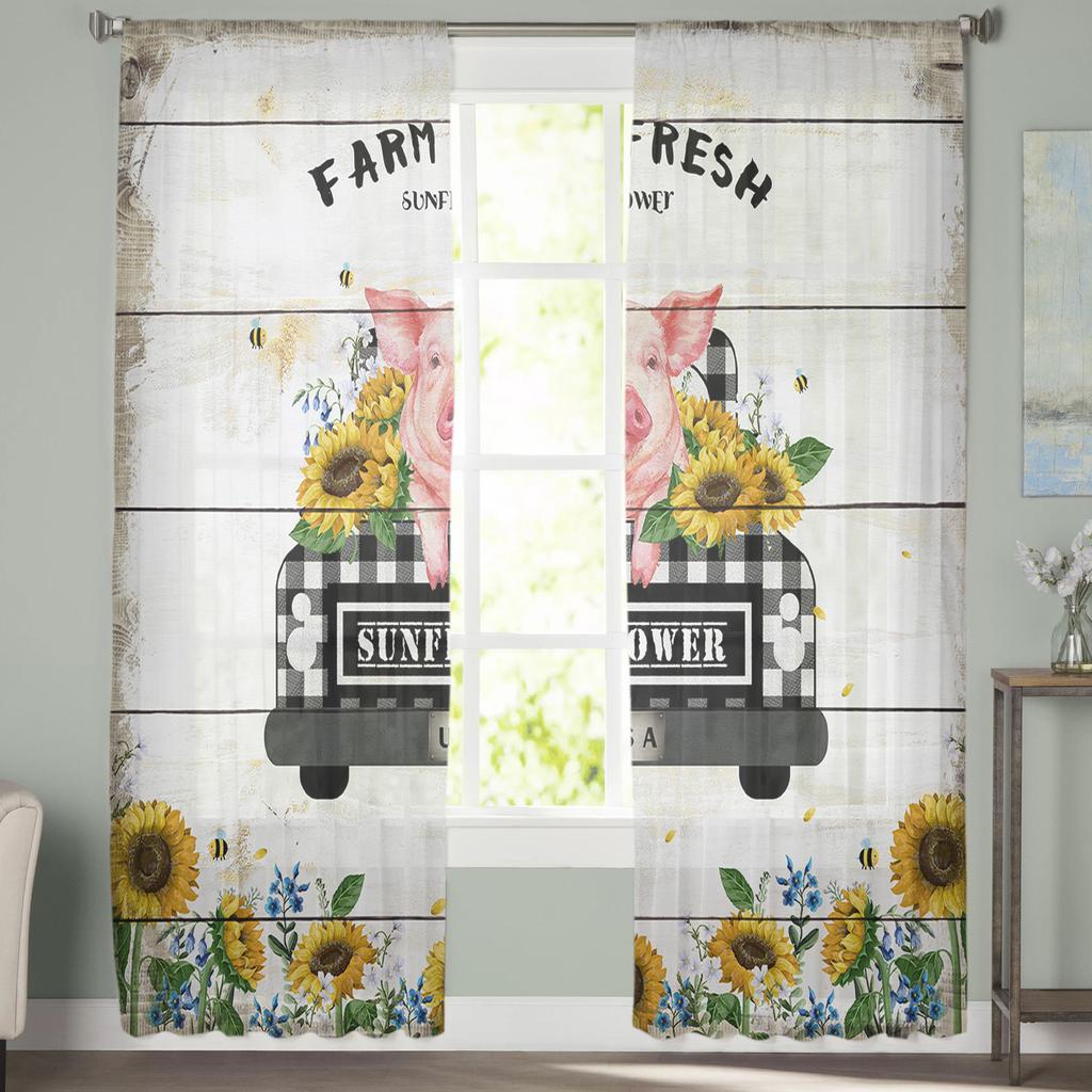 Farm Fresh Sunflower Pig Wood Plank Texture Sheer Curtains for Living Room Modern Bedroom Voile Tulle Curtain Window Drapes