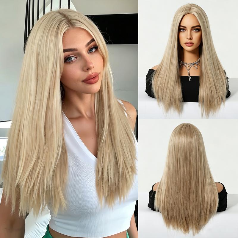 Women Blonde Wig Long Silky Straight Wigs with Bangs Synthetic Wig for Fashion Women Heat Resistant Natural Looking Hair Wig for Halloween