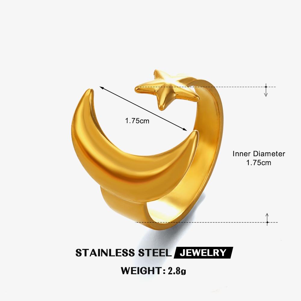 Fashion Simple Ethnic Style Gold Color Moon Stars Pattern Open Rings for Women Daily Wear Stainless Steel Finger Jewelry Gifts