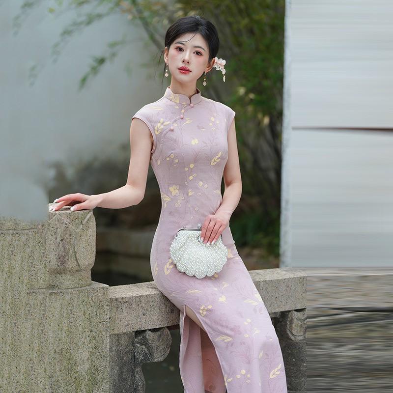 Yellow Sleeveless Long Qipao Dress Women 2025 Retro Chinese Style Linen Silk Blend
