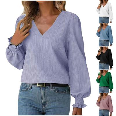 Women's V-neck  Long-sleeved Solid Color Shirt Blouse Autumn Tops