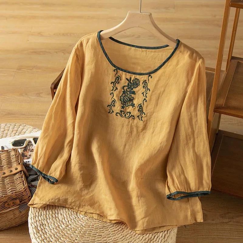 T-shirt Estiva da Donna in Cotone e Lino Stile Etnico Top Ricamati Letterari Retrò